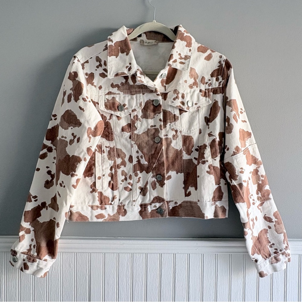 Altard State Cow Print Denim Jacket Small Western Cowgirl Cropped Rodeo Country - Picture 2 of 16